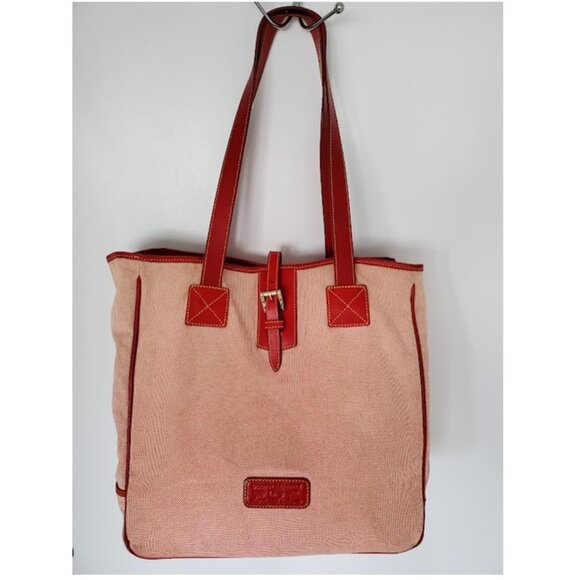 Dooney & Bourke Large Red Tweed Canvas Carry-All Tote Leather Handles & Accents - Picture 1 of 15